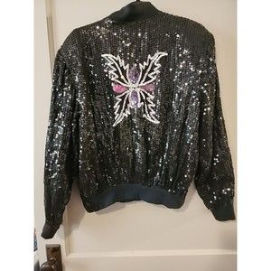 Butterfly Sequin Women's Full Zip Jacket With Shoulder Pads Medium 80s Vintage